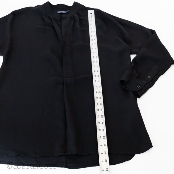 Polo Ralph Lauren M Split-Neck Top 100% Silk Black Relaxed Office Business - Picture 10 of 11